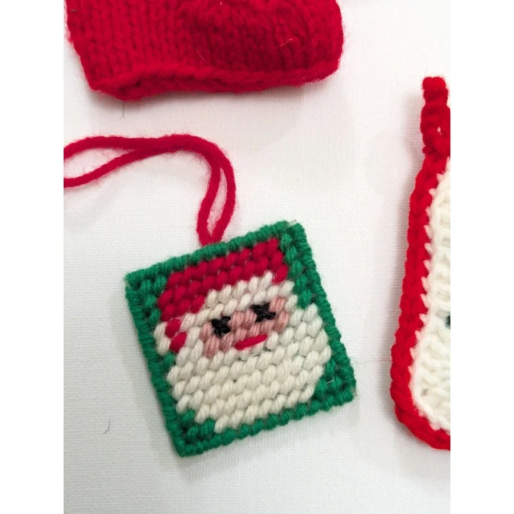 VTG Handmade Christmas Knit Crochet Plastic Canvas Yarn Ornaments Lot Of 7